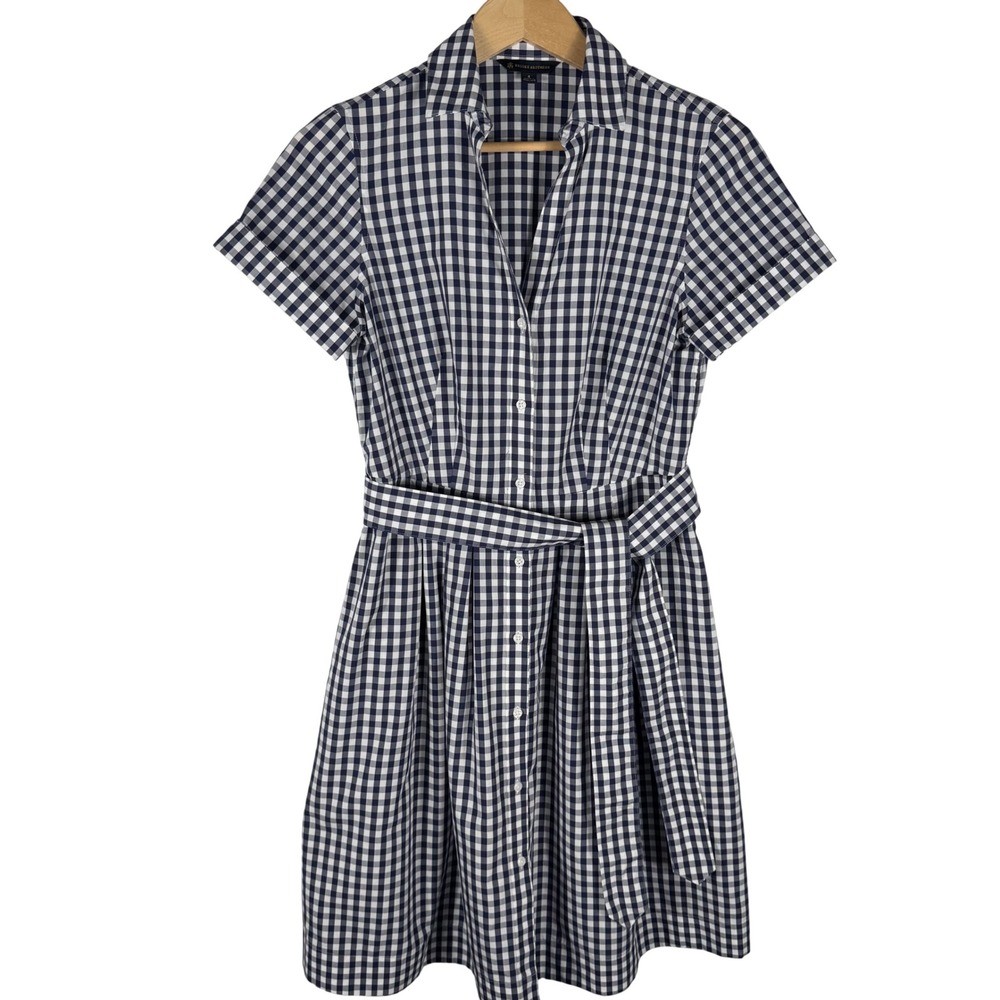 Brooks Brothers Gingham Shirt Dress Womens 4 Navy White Cotton Belted